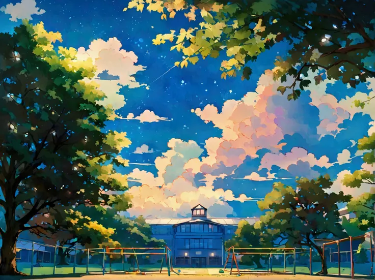  Shinkai Makotos anime background style、 the exterior of the education building at night 。Cloudy、There is a tree in front 々There is、 you can see a little playground 。