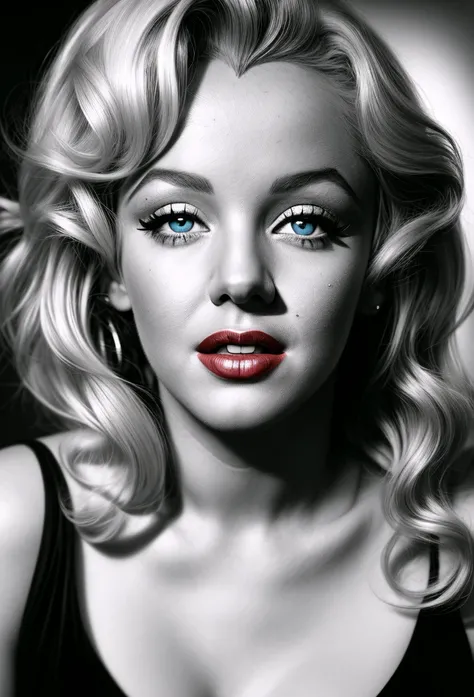  Realistic portrait of Marylin Monroe with black background, excess of details, creative composition , beautiful eyes,  High resolution, 