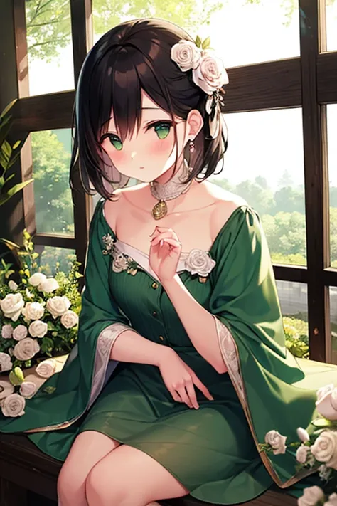 (masterpiece), best quality, expressive eyes, perfect face,A young woman wearing a vintage-inspired outfit stands gracefully outdoors, She is dressed in a long, dark green velvet dress with intricate white floral embroidery along the hem, giving it a delic...