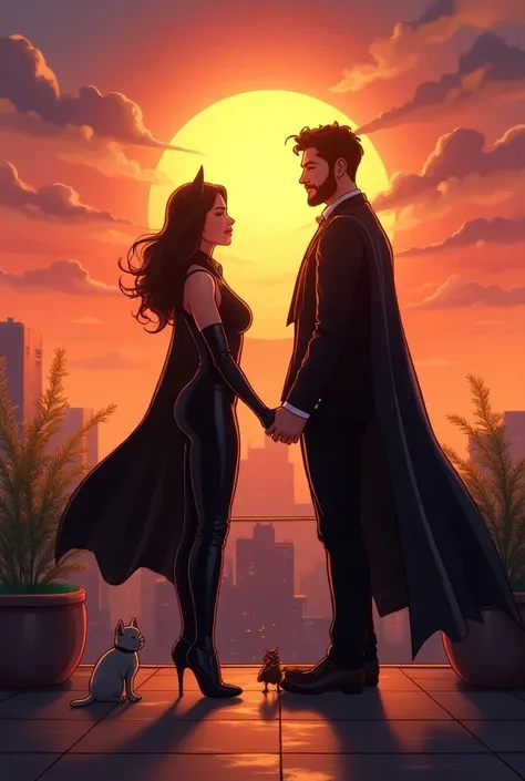 Masterpiece, best quality, super fine details, animated illustration, extremely delicate and beautiful, full-body scene. SCENARIO: A breathtaking rooftop sunset with the sun large and central, glowing as it sets on the horizon. The sky features vibrant ora...