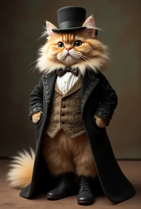 Cat in a Victorian-inspired outfit – A fluffy Persian cat walking confidently in a full Victorian-era outfit with a small top hat, tailcoat, and a vest, paired with tiny boots. The intricate lace details and velvet fabric make the ensemble look regal and l...