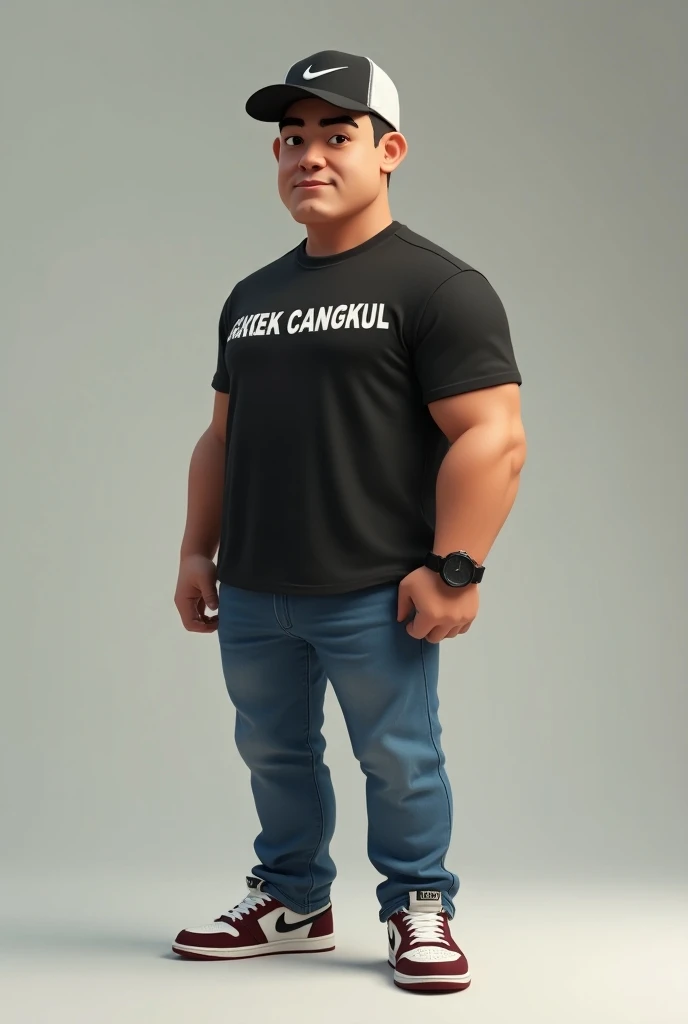 (photocartoonAi3D) a man with sweet black skin, a medium-sized body, standing, wearing a collared black t-shirt, there is a name on the shirt GAKEK CANGKUL, wearing jeans, Air Jordan shoes, wearing a watch on the right side, wearing a Nike hat.
