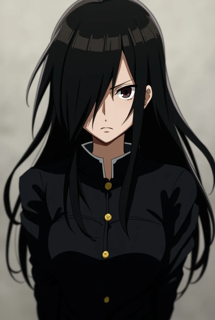  a rude girl , Long hair looking intimidating and wearing a black uniform from the anime Tokyo Revengers 