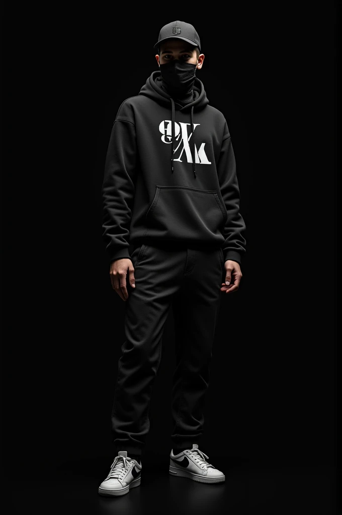 A fashion model wearing a modern streetwear hoodie with face coverd cap and mask in front of black screen 
