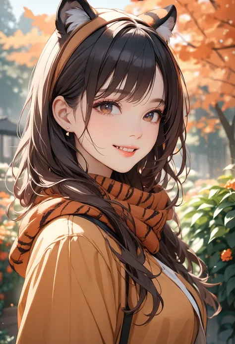 (masterpiece:1.5),(Beat quality),(high res),1girl solo,beautiful face,smile,upper body,Womens autumn clothes with tiger ears,garden