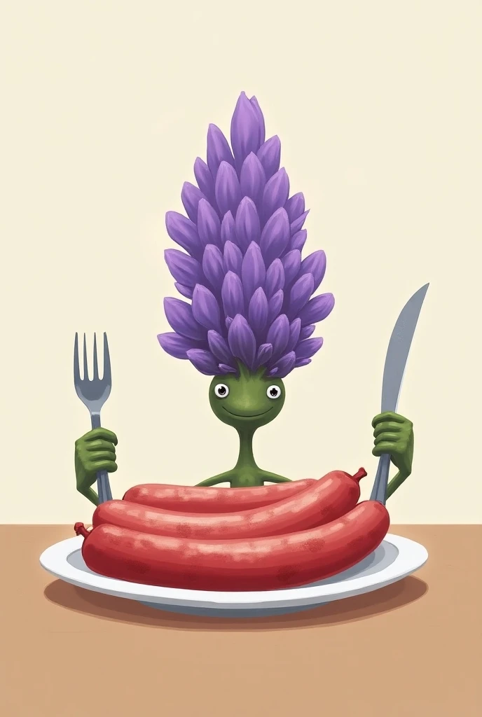 A lavender flower about to eat a huge plate of sausages