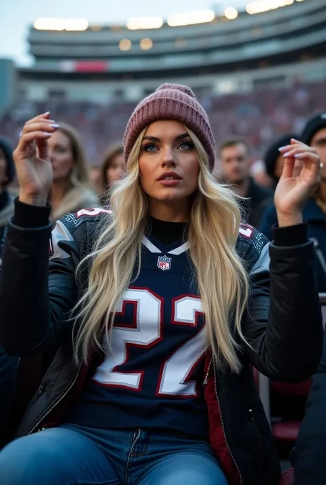 A 25-year-old German model with striking, long platinum blonde hair cascading down her back, styled in loose waves, sits in the audience at an NFL game in Munich. She has captivating deep blue eyes accentuated by soft, natural makeup with a hint of shimmer...