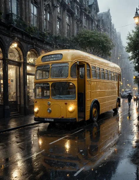 a rainy urban street scene. In the center, there is a vibrant vintage lorry with a glowing headlight, reflecting on the wet cobblestone street. The bus is surrounded by tall, old buildings with darkened windows and intricate architectural details. The stre...