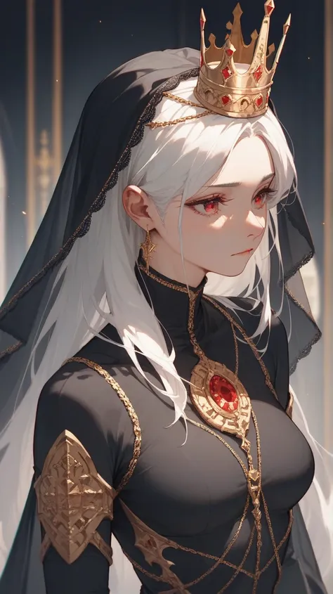 (( Best Quality)), (( masterpiece )), ( Details), 1 girl, Long white hair , Red eyes, Black Gold Plated Tight Bodysuit, Golden Crown, Black veil