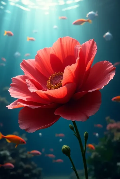 A huge red mugunghwa flower in the back of the tank