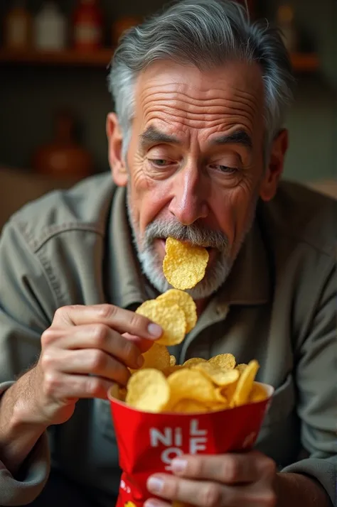 a man eat chips 