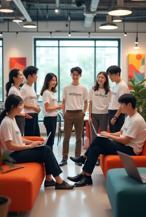 A group of young Korean people in a new startup environment wearing Skillsync T shirt. 