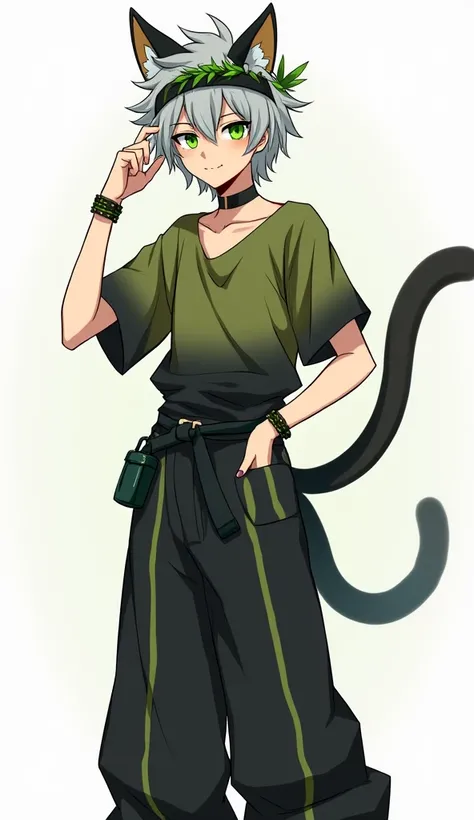  Full body image, manga style, Where are men , Half human and half male feline,  with short and messy gray hair ,  green-eyed,  of thin and strong physical size ,  calm face and subtle smile ,  wearing a wide olive green shirt with a black gradient , with ...