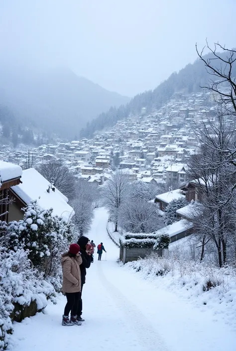 Winter Wonderland
Mussoorie covered in a blanket of snow, with rooftops, trees, and paths shimmering under the white. A couple stands in warm winter clothes, taking in the snowy view or playing with snowballs. The snow-capped mountains and foggy atmosphere...