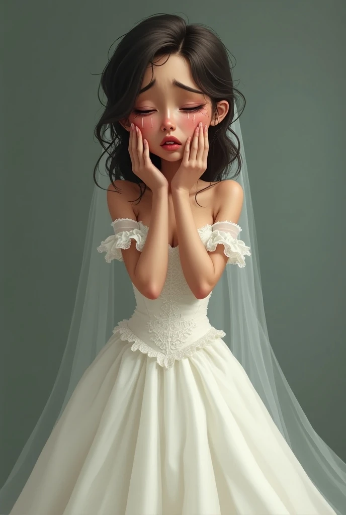 Crying woman wearing wedding dress realistic cartoon