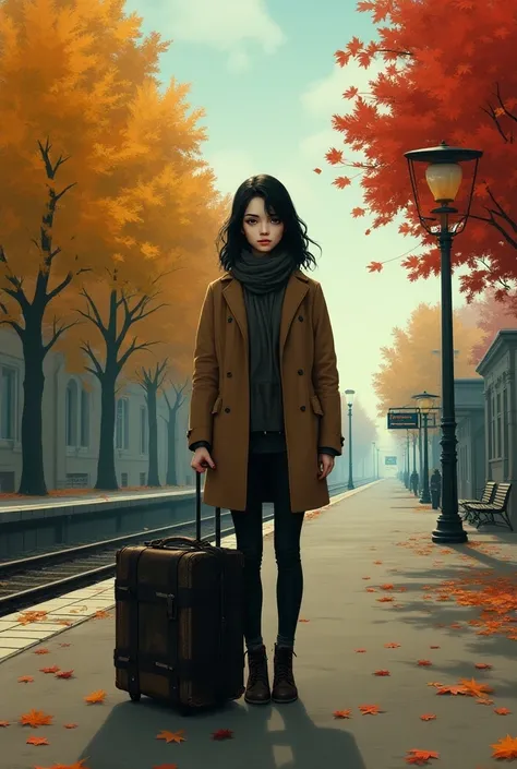 woman at the train station with a broken suitcase outside autumn 