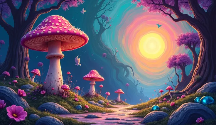 Image of the Psychedelic effect (hallucination), make it more trippy, like a mini forest with colorful trees and magic shrooms, add all colors from the rainbow (VIBGYOR) into the whole image