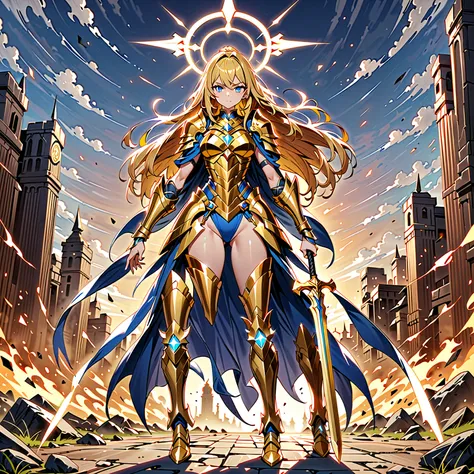 ((( masterpiece , best quality, high detailed, 16k))) (1 girl) , an impressive female warrior , Wear shining gold armor with a legendary weapon in one hand., , a symbol of balance and justice, .  Her grandmothers long golden hair matched her grip-sharp blu...