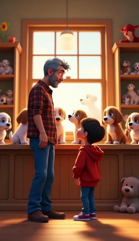 Prompt 2:
Create a Disney Pixar style medium shot of a man, mid-50s with graying hair, wearing a plaid shirt and jeans, standing at the counter of his puppy shop, with several puppies in the background. He is interacting with a young boy, around , wearing ...