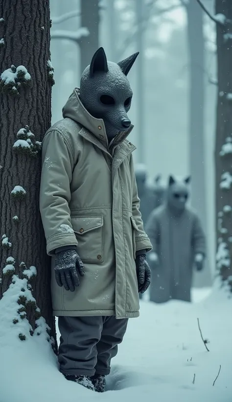  figure wears an unsettling {x} on one The dense winter scene creates an eerie atmosphere, Snow covered forest. In the foreground,  place a mysterious figure , wear a worn out ,  a pale jacket .  should have an ominous message This weathered , Animal masks...