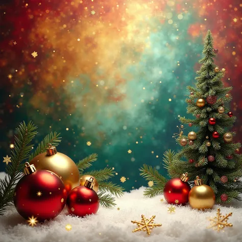 A festive, vibrant holiday scene with a rich abstract background of swirling colors in shades of red, green, blue, and gold. The image is elegant, ornaments of various sizes, with gold and red Christmas balls, a miniature decorated pine tree. Delicate gold...