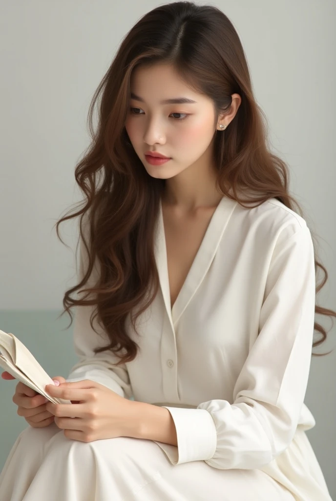  create a realistic woman with long, wavy brown hair, com roupa branca, Sitting with notebook in hand  