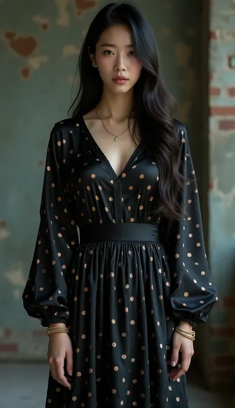 korean girl long hair long dress silk dress big breast beautiful face girl prison prisoner girl polka dot silk satin black dress black dress two hands tied with a rope hands  silk satin dress 
