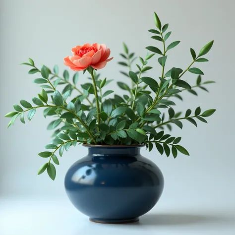 a dark blue vase with a blooming plant and only one flower blossomed 