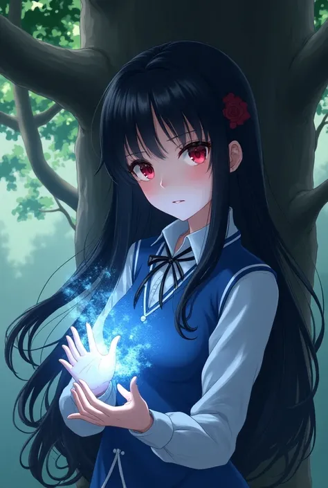 Draw an anime picture of a woman with black hair long to the middle of her back, wearing blue and white school dress, ruby red eyes, white skin, standing next to a big tree, hands with cool lights.