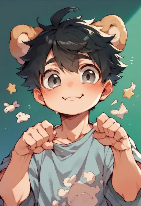 (score_9, score_8_up), score_7_up, score_6_up, score_5_up, score_4_up, Anime style of a dog boy short black hair messy spiky hair with pomeranian ears and grey eyes (cute face big eyes moe face plump cheeks 