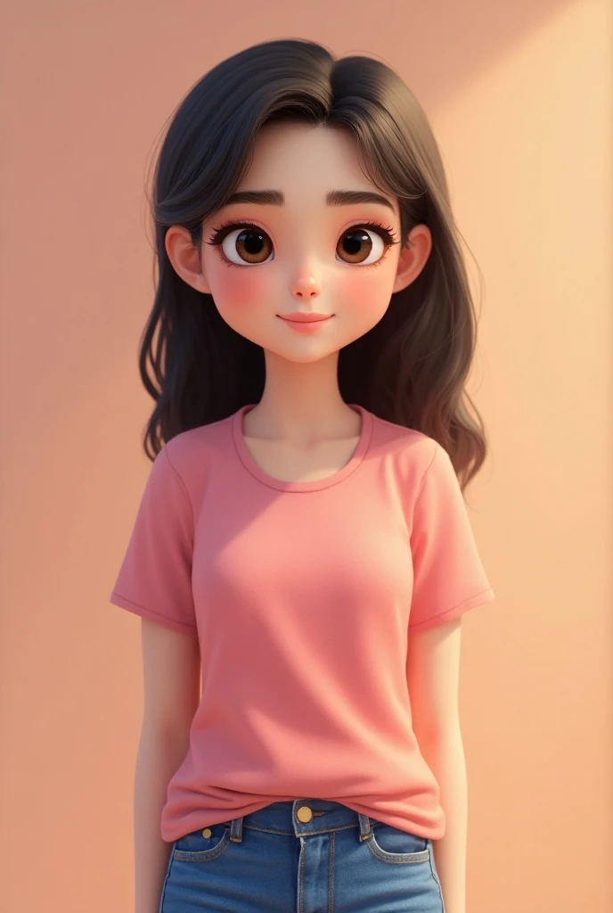  Girl with dark brown hair with brown eyes small eyebrows pink lips black eyelashes,not very tall height , with cheeks and normal ears greeting ,  wearing blue jeans and wearing a pink t-shirt  