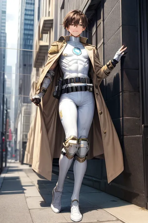 ((best quality)), ((masterpiece)), (detailed), 1 boy wearing trench coat standing on a building, full body, 19 years old, brown hair with white tips, long, bangs, femboy, green eyes, mischievous smile, tall and thin, thin, long beige trench coat, open tren...