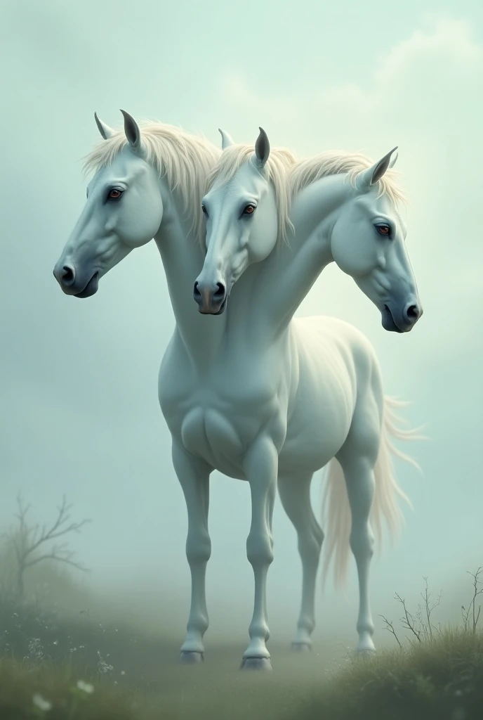 A white-sided horse with 1 head and 3 faces 
