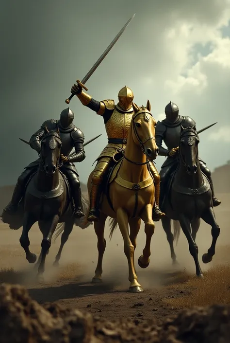 Golden Knight in combat against two black knights