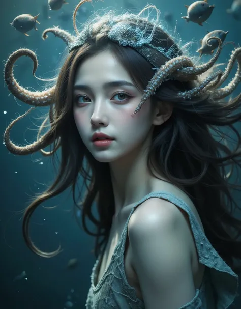 Beautiful girl with the head of a deep sea creature., jellyfish, fishesหมึก, fishes, Portrait of a female man, (Realistic face details), intricate detailed, very high details, photo-hyper-realistic, 8k, UHD, hyperdetailed, (Dynamic Poses:1.4),