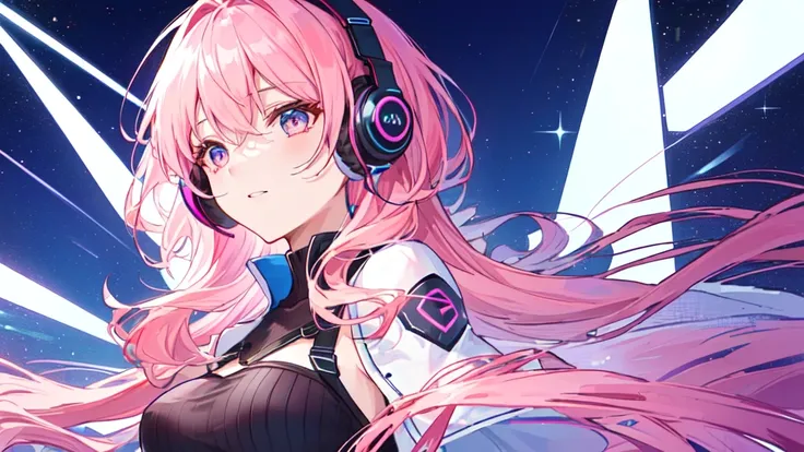 A Woman with pink hair wearing headphones