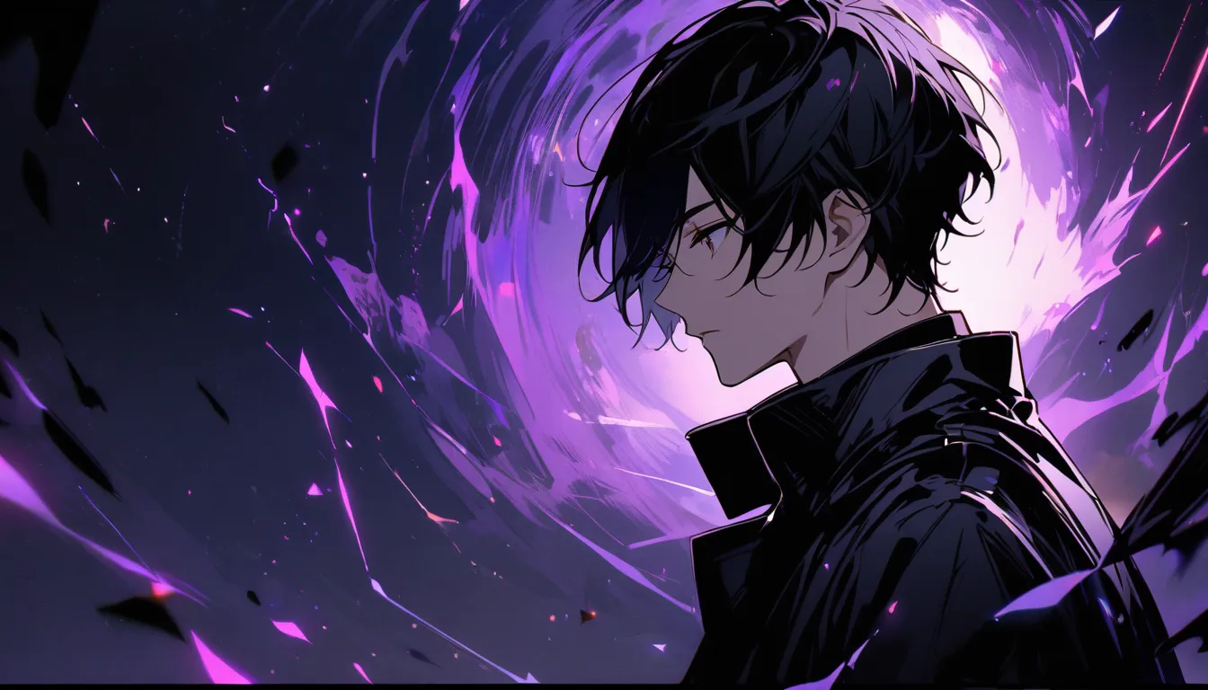 handsome,   alone  , 1 person, short hair, black hair,   purple,   black shirt, black coat,  in a black space.,