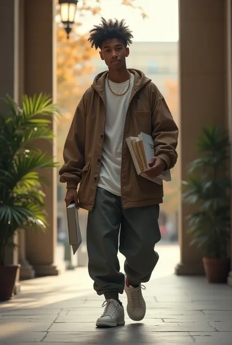 universitary student, young man with oversized style of clothing coming out of studying, light skinned and full body, outside the university with books in him hands