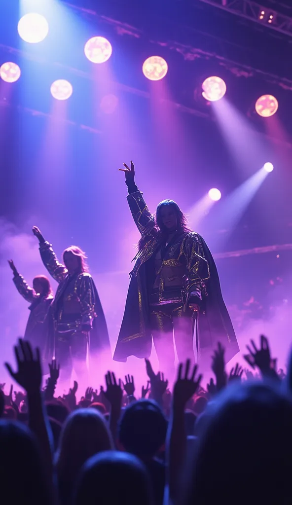 "babymetal em um palco de concerto vibrante durante a turnê metal galaxy,  presenting an energetic performance .  the three memb...