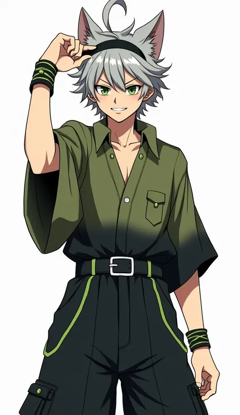  Full body image, manga style, Where are men , Half human and half male feline,  with short and messy gray hair ,  green-eyed,  of thin and strong physical size , serious face and subtle smile ,  wearing a wide olive green shirt with a black gradient ,  wi...