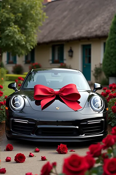 A black and grey Porche 911 Turbo S car with black roses lying near the car, and a big red bow on the bonnet outside a village house.