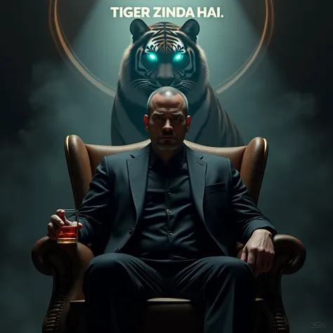 Create a realistic image where a man wearing black luxury suit and sitting on king size chair, hes holding a whiskey glass in his hand, there is smoke in background a shadow of tiger and tiger eyes is glowing in blue colour. In background the name "Tiger Z...