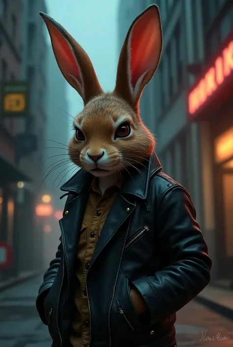 A cool and angry rabbit in a leather jacket 