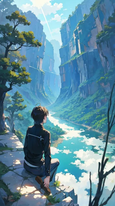 Anime style Makoto Shinkai,  Anime Characters:  A man sitting on a rock looking up at the sky , Dramatic Forest Space , Rear view,   Create an image that inspires Makoto Shinkai style art, Best Quality,