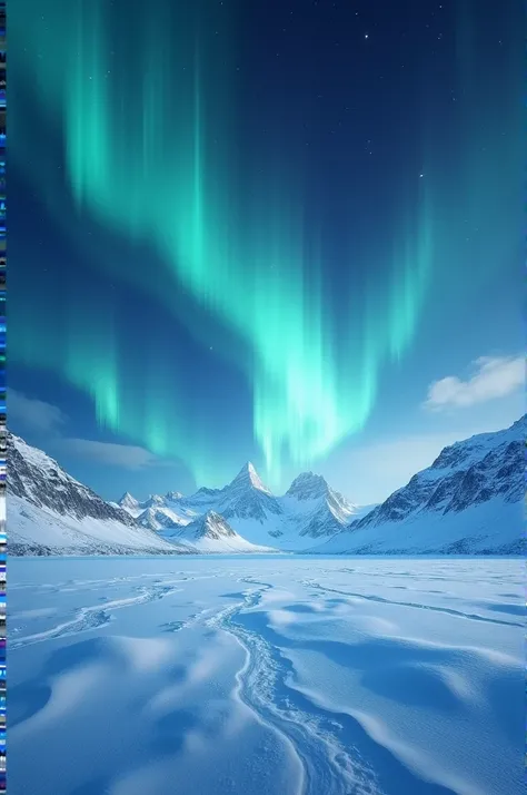 A breathtaking winter morning in the Arctic, with a vast snow-covered plain stretching beneath the dazzling northern lights. The aurora borealis creates a colorful display in the sky, casting a magical glow over the snowy terrain."