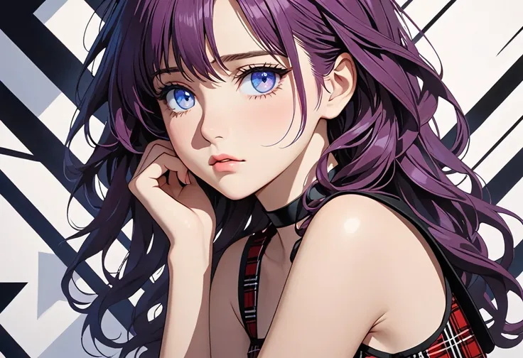 This image depicts an anime-style character with long, wavy purple hair and matching blue eyes. She is wearing a black sleeveless top with vertical stripes and a red and black plaid skirt. She also has a black choker around her neck. The character has a so...