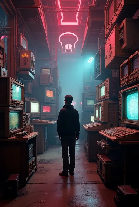 a retro futuristic electronics scenario, radios, oscilloscopes, electronic apparatus, a person standing in the middle, detailed circuitry, neon lights, metallic textures, industrial atmosphere, cinematic lighting, vibrant colors, intricate details, photore...