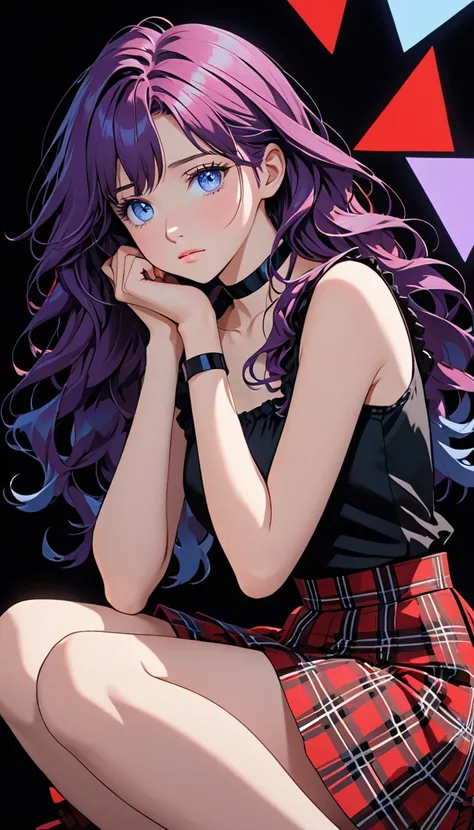 This image depicts an anime-style character with long, wavy purple hair and matching blue eyes. She is wearing a black sleeveless top with vertical stripes and a red and black plaid skirt. She also has a black choker around her neck. The character has a so...