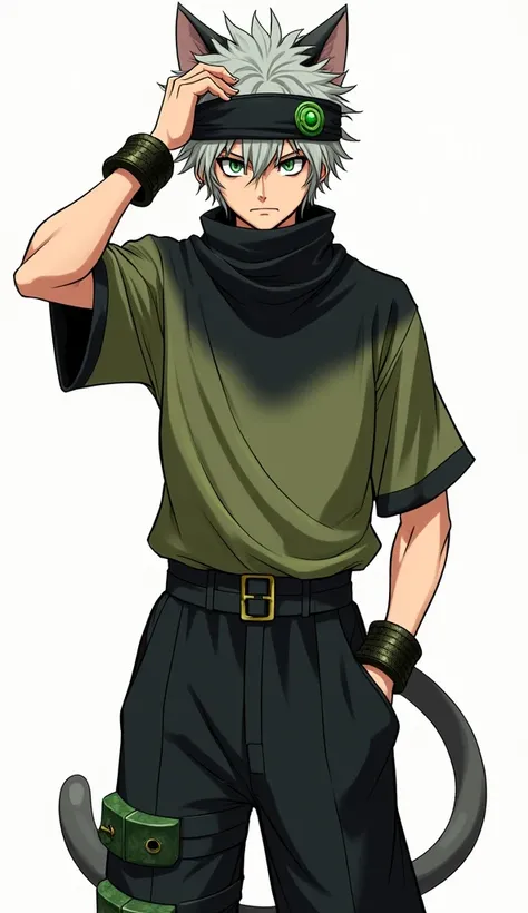  Full body image, manga style, Where are men , Half human and half male feline,  with short and messy gray hair ,  green-eyed,  of thin and strong physical size , serious face,  wearing a wide olive green shirt with a black gradient ,  with a black headban...