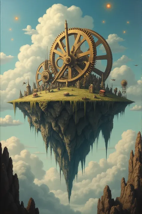 Paint a surreal themed oil painting about a floating island，There are huge clock gears on the island，And there are mysterious creatures inhabited。